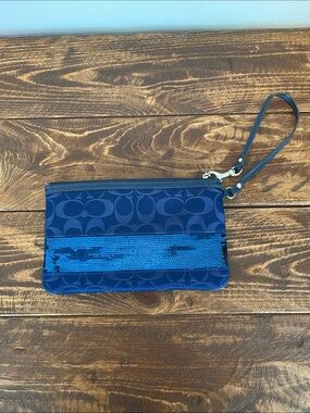 Coach Blue Sequin Stripe Wristlet Clutch